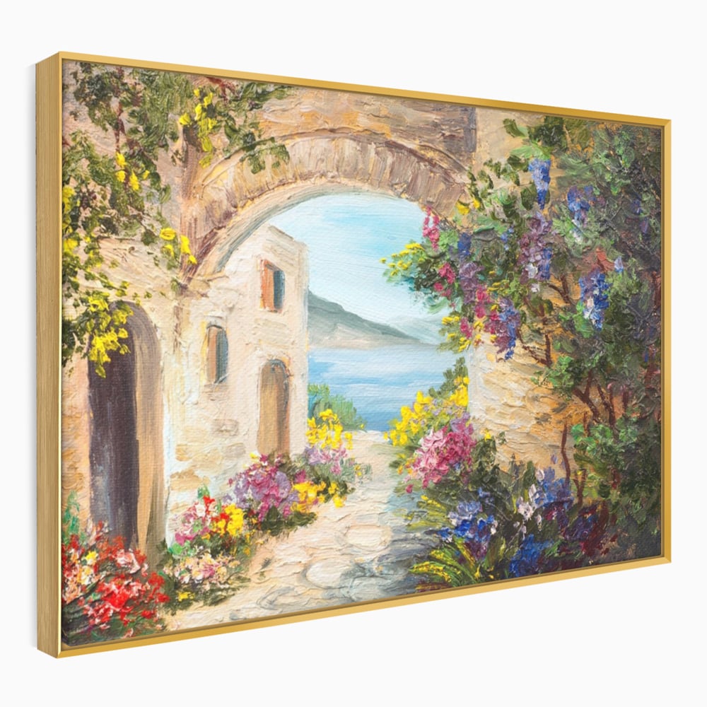 Tablou canvas cu pictura in ulei cu arcada de piatra si mare, in rama de aluminiu auriu